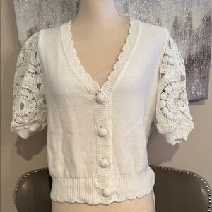 Design History White Knit Cardigan with Lace Sleeves Size Medium (NWT)
